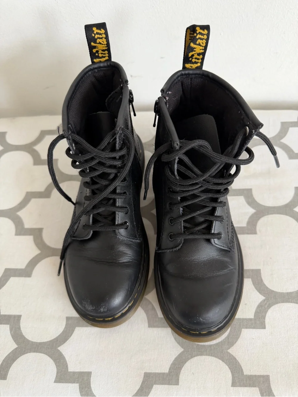 Dr. Martens Black Leather Lace-Up Combat Boots with Yellow Stitching